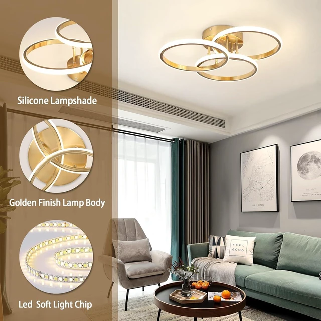 Alt view image 6 of 7 - Gold Modern Ceiling Light Fixture, 3000K-6000K Dimmable Flush Mount Ceiling Light with Remote Control, 3 Rings Close to Ceiling Lamp for Bedroom Living Room Dining Room Kitchen