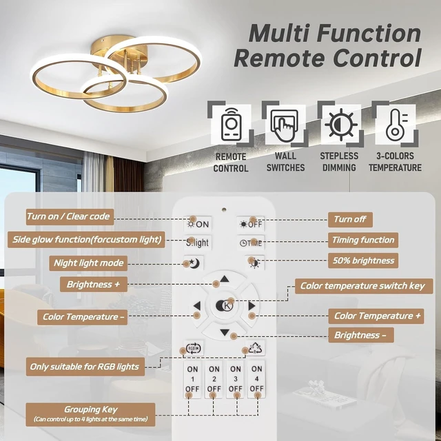 Alt view image 7 of 7 - Gold Modern Ceiling Light Fixture, 3000K-6000K Dimmable Flush Mount Ceiling Light with Remote Control, 3 Rings Close to Ceiling Lamp for Bedroom Living Room Dining Room Kitchen