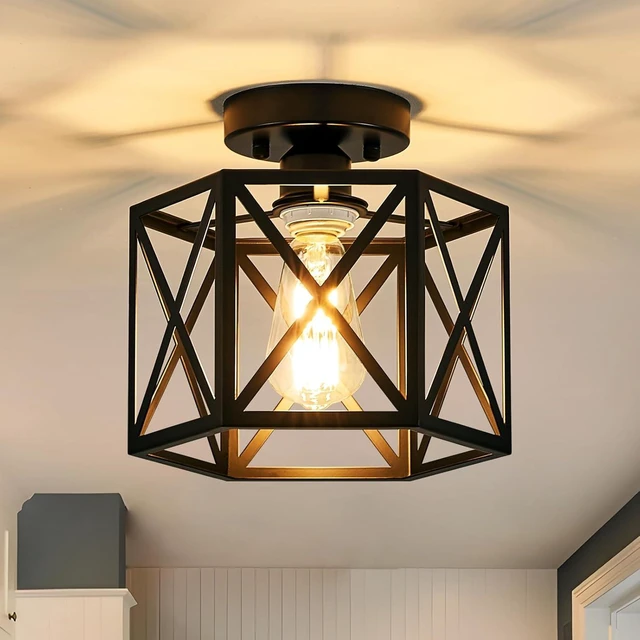 Main image of Black Modern Farmhouse Metal Semi Flush Mount Ceiling Light Fixture 9.5 in