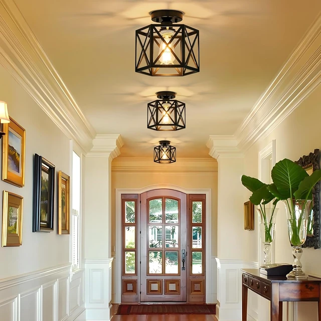 Alt view image 2 of 7 - Black Modern Farmhouse Metal Semi Flush Mount Ceiling Light Fixture 9.5 in