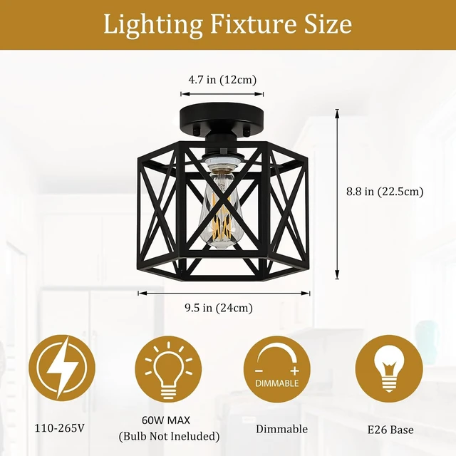 Alt view image 3 of 7 - Black Modern Farmhouse Metal Semi Flush Mount Ceiling Light Fixture 9.5 in