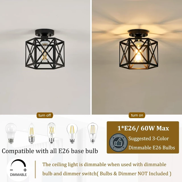 Alt view image 7 of 7 - Black Modern Farmhouse Metal Semi Flush Mount Ceiling Light Fixture 9.5 in