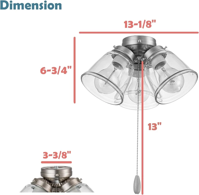 Alt view image 4 of 7 - Aspen Creative 22013-1, Three-Light Ceiling Fan Light Kit with Pull Chain, Matte White Finish with Clear Glass Shades, 13-1/8" Diameter x 6-3/4" Height