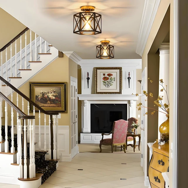 Alt view image 3 of 7 - Black and Gold Modern Farmhouse Metal Semi Flush Mount Ceiling Light 9.5 in