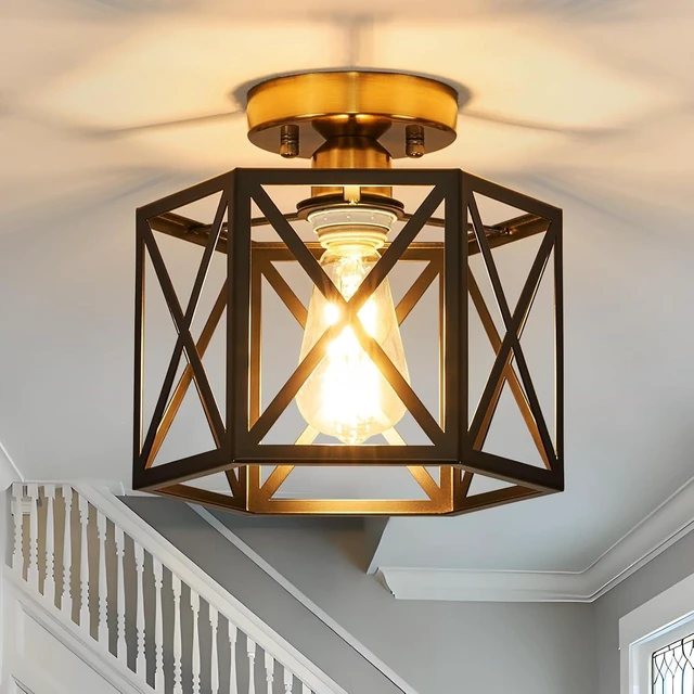 Main image of Black and Gold Modern Farmhouse Metal Semi Flush Mount Ceiling Light 9.5 in