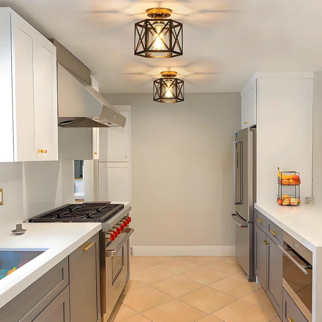 Alt view image 5 of 7 - Black and Gold Modern Farmhouse Metal Semi Flush Mount Ceiling Light 9.5 in