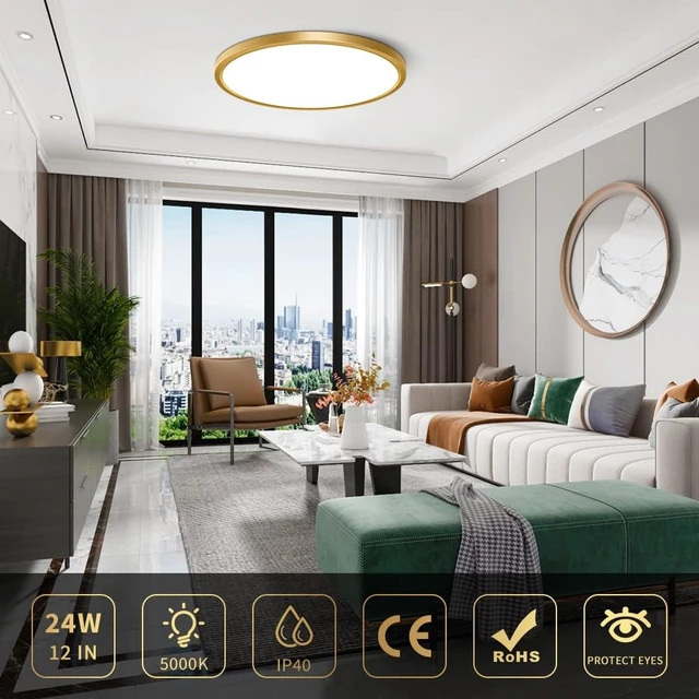 Alt view image 2 of 7 - 12 Inch Flush Mount Ceiling Light Fixture LED, 24W (240W Equivalent), 3200LM, 5000K Daylight White, IP40, Flat Modern Round Ceiling Lights for Bedrooms, Living Rooms, Bathrooms, Stairwells, etc.(Gold)