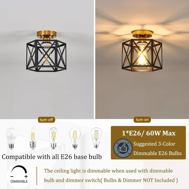 Alt view image 7 of 7 - Black and Gold Modern Farmhouse Metal Semi Flush Mount Ceiling Light 9.5 in