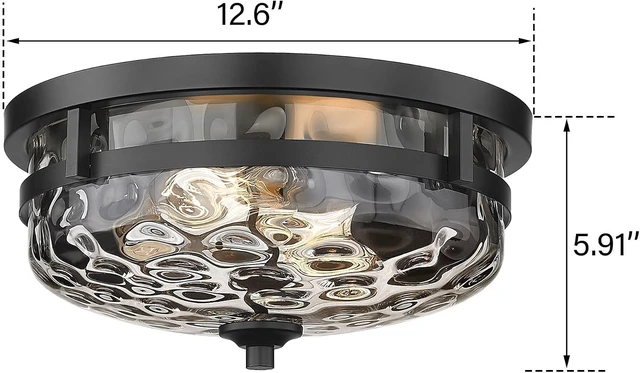 Alt view image 3 of 7 - Casia Flush Mount Ceiling Lights, 2-Light Farmhouse Close to Ceiling Light, Hammered Glass Ceiling Light, Industrial Ceiling Lighting Fixture for Kitchen Hallway Living Room Stairwell (Black)