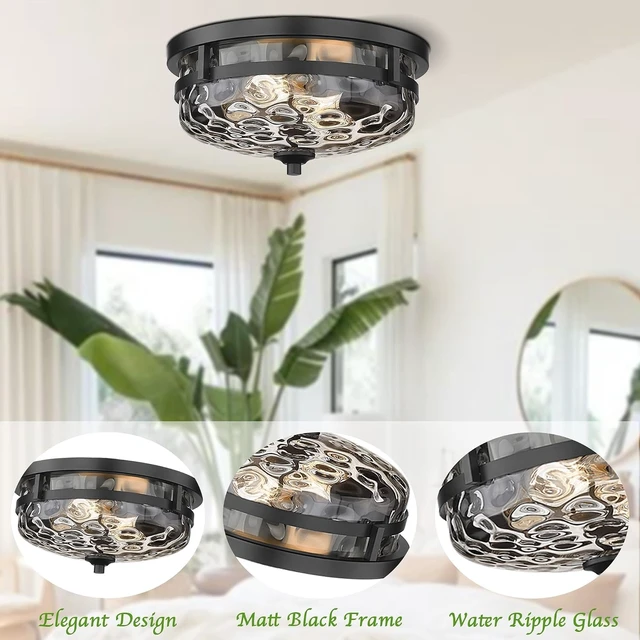 Alt view image 4 of 7 - Casia Flush Mount Ceiling Lights, 2-Light Farmhouse Close to Ceiling Light, Hammered Glass Ceiling Light, Industrial Ceiling Lighting Fixture for Kitchen Hallway Living Room Stairwell (Black)