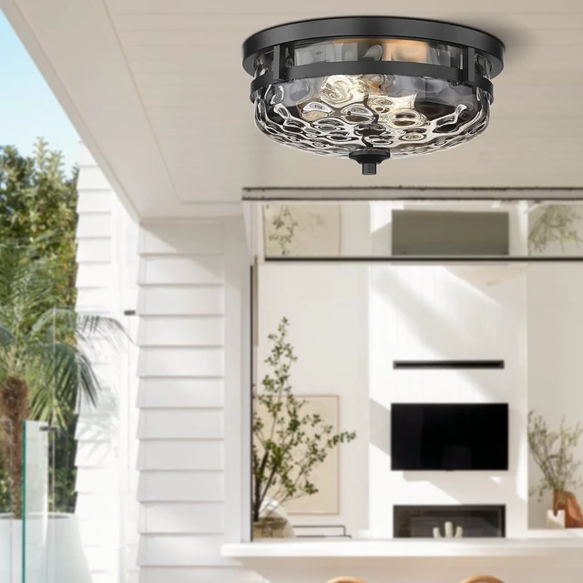 Alt view image 5 of 7 - Casia Flush Mount Ceiling Lights, 2-Light Farmhouse Close to Ceiling Light, Hammered Glass Ceiling Light, Industrial Ceiling Lighting Fixture for Kitchen Hallway Living Room Stairwell (Black)