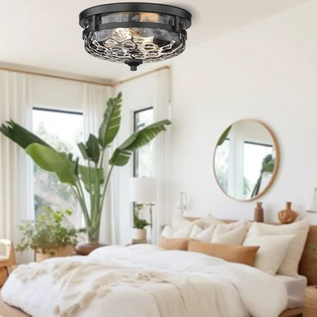 Alt view image 6 of 7 - Casia Flush Mount Ceiling Lights, 2-Light Farmhouse Close to Ceiling Light, Hammered Glass Ceiling Light, Industrial Ceiling Lighting Fixture for Kitchen Hallway Living Room Stairwell (Black)