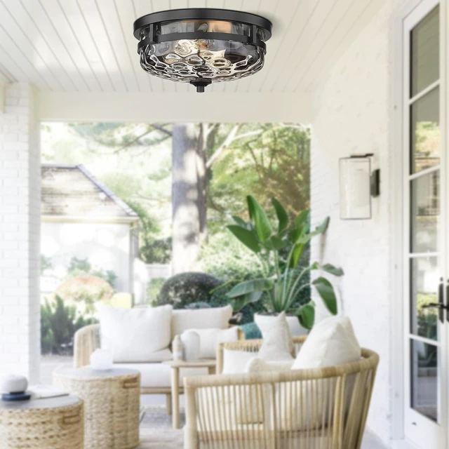 Alt view image 7 of 7 - Casia Flush Mount Ceiling Lights, 2-Light Farmhouse Close to Ceiling Light, Hammered Glass Ceiling Light, Industrial Ceiling Lighting Fixture for Kitchen Hallway Living Room Stairwell (Black)