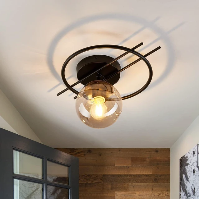 Main image of Matte black & gold finish Semi Flush Mount Ceiling Light Fixture Mid Century Modern Chandelier with Glass Globe Small Indoor Lighting for Kitchen Hallway Bathroom Bedroom Closet Farmhouse Proch.