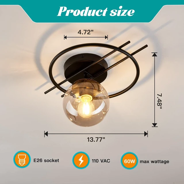 Alt view image 2 of 7 - Matte black & gold finish Semi Flush Mount Ceiling Light Fixture Mid Century Modern Chandelier with Glass Globe Small Indoor Lighting for Kitchen Hallway Bathroom Bedroom Closet Farmhouse Proch.