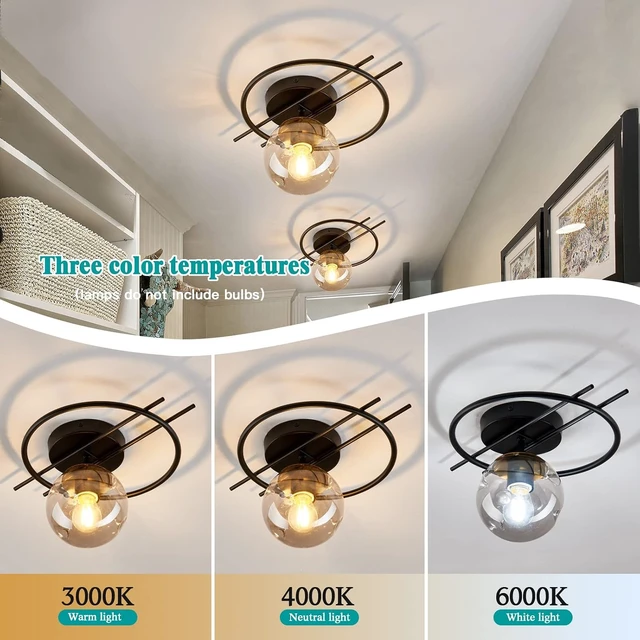 Alt view image 3 of 7 - Matte black & gold finish Semi Flush Mount Ceiling Light Fixture Mid Century Modern Chandelier with Glass Globe Small Indoor Lighting for Kitchen Hallway Bathroom Bedroom Closet Farmhouse Proch.