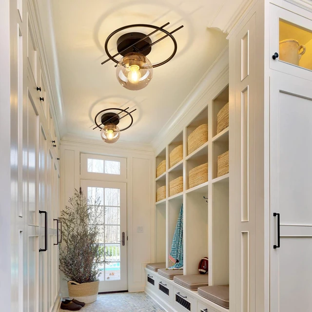 Alt view image 6 of 7 - Matte black & gold finish Semi Flush Mount Ceiling Light Fixture Mid Century Modern Chandelier with Glass Globe Small Indoor Lighting for Kitchen Hallway Bathroom Bedroom Closet Farmhouse Proch.