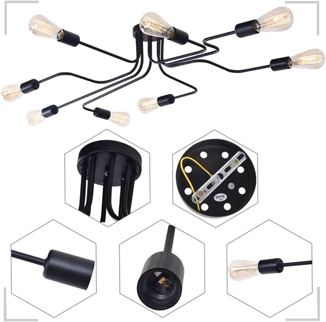 Alt view image 3 of 7 - Lingkai 8 Lights Sputnik Ceiling Light Fixture Industrial Chandelier Semi Flush Mount Light Fixtures with Matte Black Finish for Living Room Bedroom Dining Room