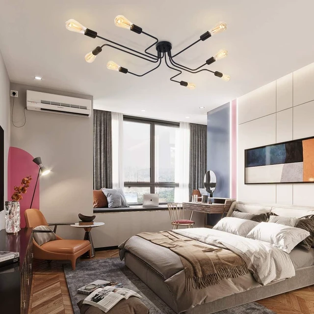 Alt view image 7 of 7 - Lingkai 8 Lights Sputnik Ceiling Light Fixture Industrial Chandelier Semi Flush Mount Light Fixtures with Matte Black Finish for Living Room Bedroom Dining Room