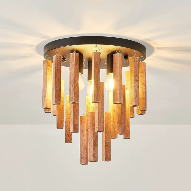 Main image of 3-Light Semi Flush Mount Ceiling Lights Boho Wood Light Fixture Farmhouse Chandelier Oak and Black Ceiling Lighting with E26 for Kitchen Living Room Entryway Bedroom Dining Room