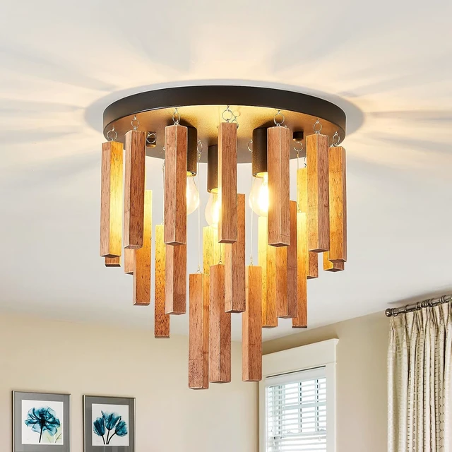 Alt view image 3 of 7 - 3-Light Semi Flush Mount Ceiling Lights Boho Wood Light Fixture Farmhouse Chandelier Oak and Black Ceiling Lighting with E26 for Kitchen Living Room Entryway Bedroom Dining Room