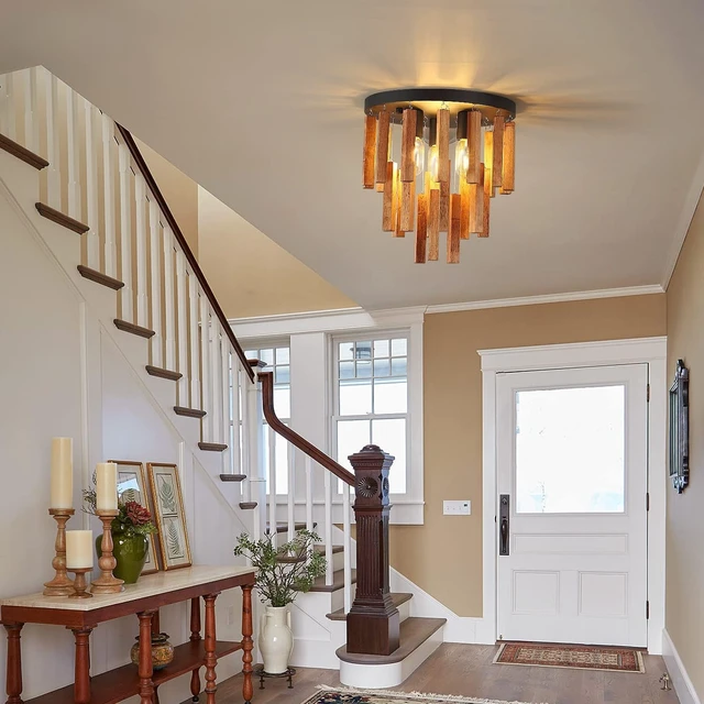 Alt view image 7 of 7 - 3-Light Semi Flush Mount Ceiling Lights Boho Wood Light Fixture Farmhouse Chandelier Oak and Black Ceiling Lighting with E26 for Kitchen Living Room Entryway Bedroom Dining Room