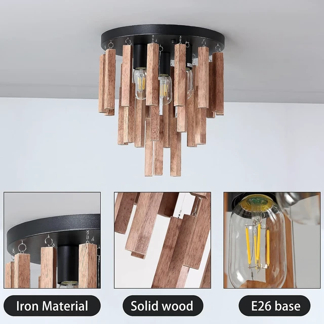 Alt view image 6 of 7 - 3-Light Semi Flush Mount Ceiling Lights Boho Wood Light Fixture Farmhouse Chandelier Oak and Black Ceiling Lighting with E26 for Kitchen Living Room Entryway Bedroom Dining Room