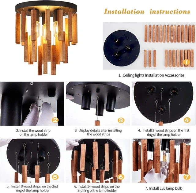 Alt view image 5 of 7 - 3-Light Semi Flush Mount Ceiling Lights Boho Wood Light Fixture Farmhouse Chandelier Oak and Black Ceiling Lighting with E26 for Kitchen Living Room Entryway Bedroom Dining Room