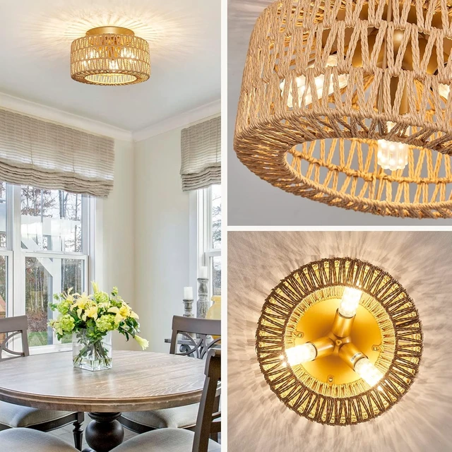 Alt view image 2 of 7 - Rattan Light Fixtures Ceiling Mount, 3-Lights Boho Flush Mount Ceiling Light, Hand-Woven Cage Shade Lamp Lighting, Rustic Rattan Chandelier for Hallway Bedroom Kitchen Farmhouse Foyer Entryway (Gold)