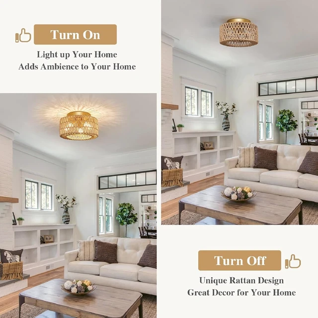 Alt view image 3 of 7 - Rattan Light Fixtures Ceiling Mount, 3-Lights Boho Flush Mount Ceiling Light, Hand-Woven Cage Shade Lamp Lighting, Rustic Rattan Chandelier for Hallway Bedroom Kitchen Farmhouse Foyer Entryway (Gold)
