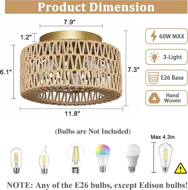 Alt view image 5 of 7 - Rattan Light Fixtures Ceiling Mount, 3-Lights Boho Flush Mount Ceiling Light, Hand-Woven Cage Shade Lamp Lighting, Rustic Rattan Chandelier for Hallway Bedroom Kitchen Farmhouse Foyer Entryway (Gold)