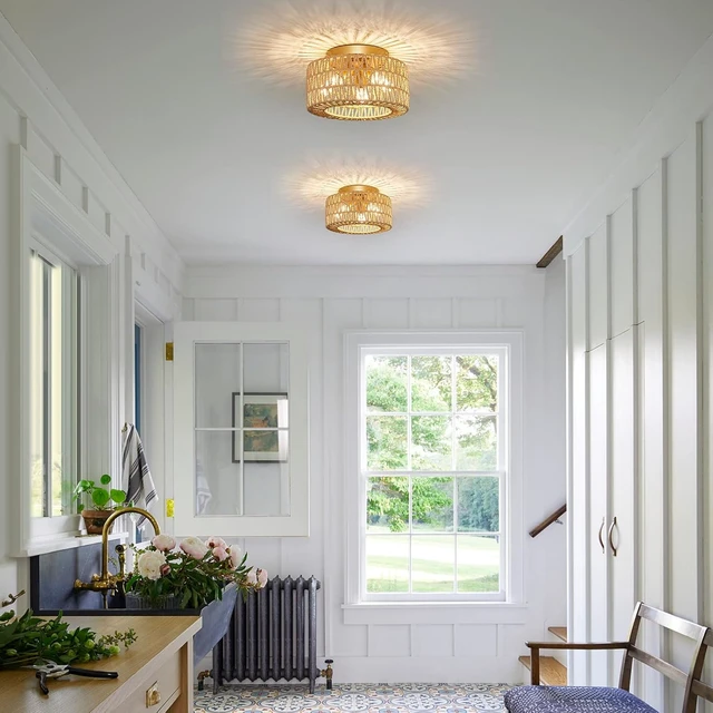 Alt view image 7 of 7 - Rattan Light Fixtures Ceiling Mount, 3-Lights Boho Flush Mount Ceiling Light, Hand-Woven Cage Shade Lamp Lighting, Rustic Rattan Chandelier for Hallway Bedroom Kitchen Farmhouse Foyer Entryway (Gold)