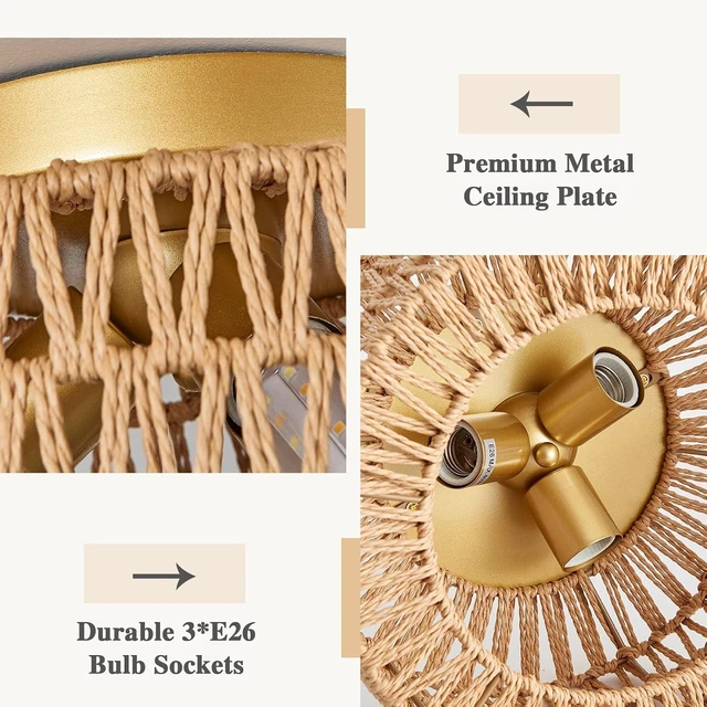 Alt view image 4 of 7 - Rattan Light Fixtures Ceiling Mount, 3-Lights Boho Flush Mount Ceiling Light, Hand-Woven Cage Shade Lamp Lighting, Rustic Rattan Chandelier for Hallway Bedroom Kitchen Farmhouse Foyer Entryway (Gold)