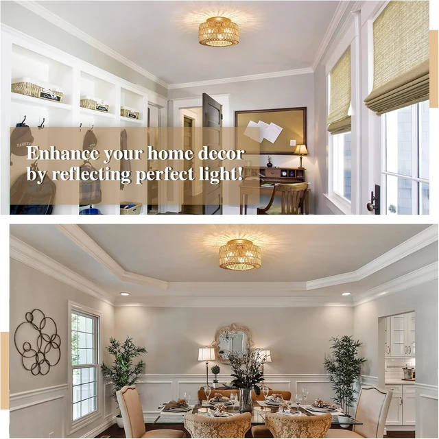 Alt view image 6 of 7 - Rattan Light Fixtures Ceiling Mount, 3-Lights Boho Flush Mount Ceiling Light, Hand-Woven Cage Shade Lamp Lighting, Rustic Rattan Chandelier for Hallway Bedroom Kitchen Farmhouse Foyer Entryway (Gold)