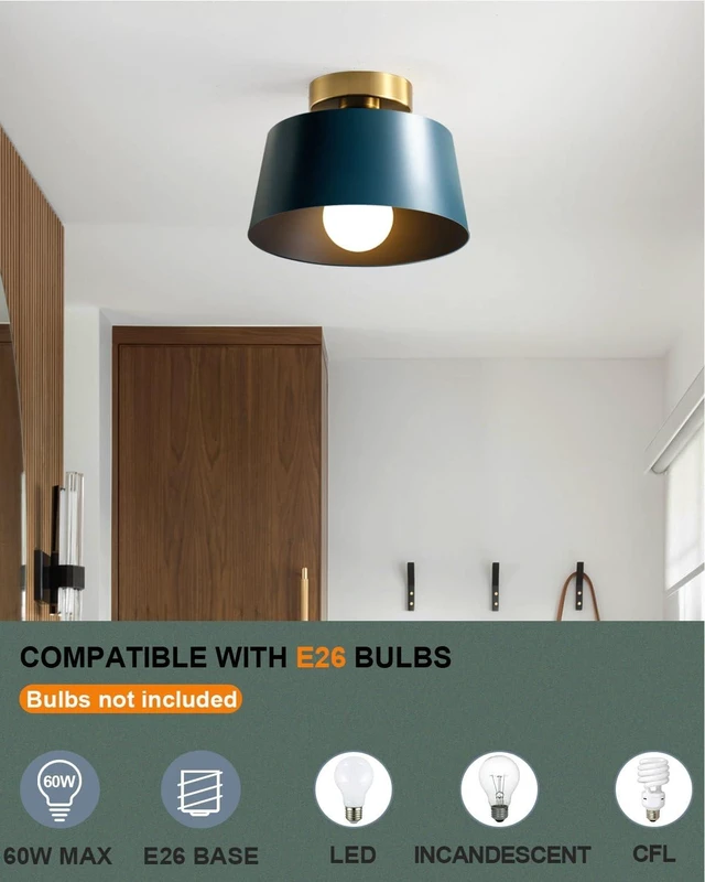 Alt view image 2 of 7 - Ceiling Light Fixture, Hallway Ceiling Light with Gold Plate and Matte Black Shade, Modern Simple Style Porch Light Fixtures Semi Flush Mount (Blue)