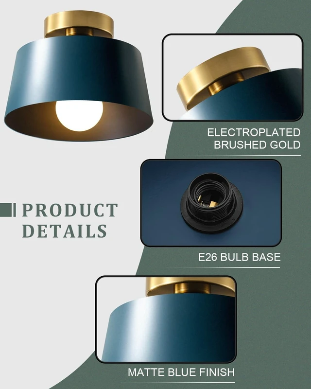 Alt view image 3 of 7 - Ceiling Light Fixture, Hallway Ceiling Light with Gold Plate and Matte Black Shade, Modern Simple Style Porch Light Fixtures Semi Flush Mount (Blue)