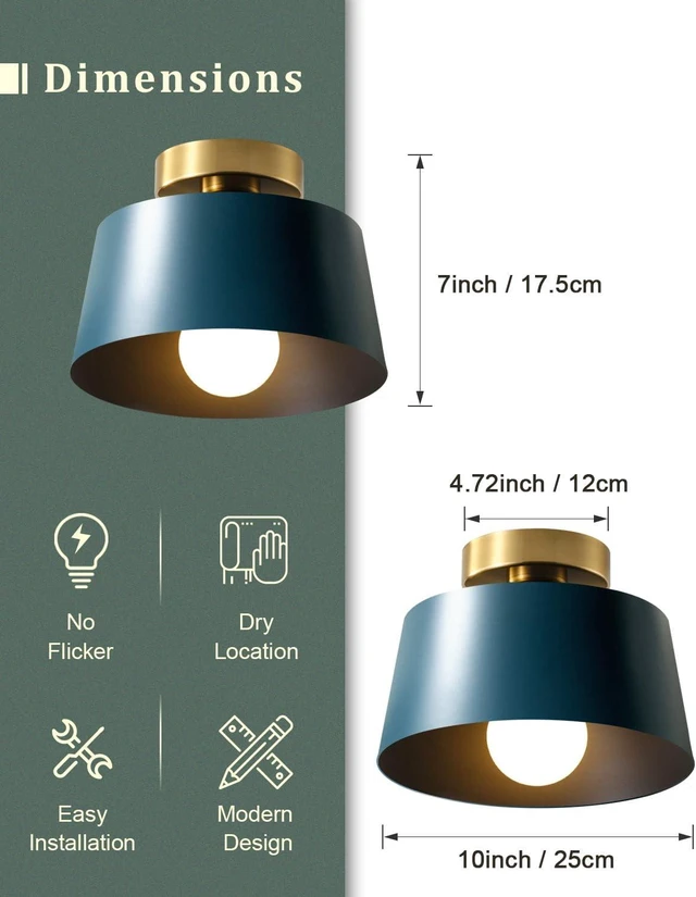 Alt view image 4 of 7 - Ceiling Light Fixture, Hallway Ceiling Light with Gold Plate and Matte Black Shade, Modern Simple Style Porch Light Fixtures Semi Flush Mount (Blue)