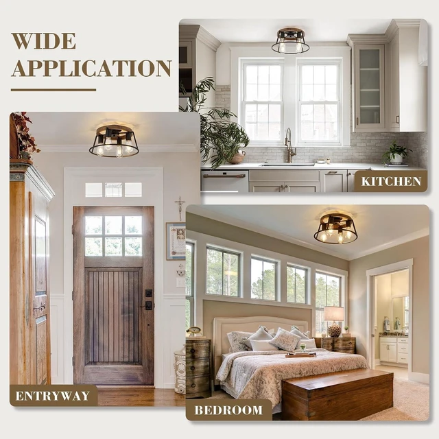 Alt view image 3 of 7 - Farmhouse Wood Semi Flush Mount Ceiling Light Fixture, 4-Light Black Rustic Ceiling Lamp Round Hallway Light Fixture for Entryway Bedroom Kitchen