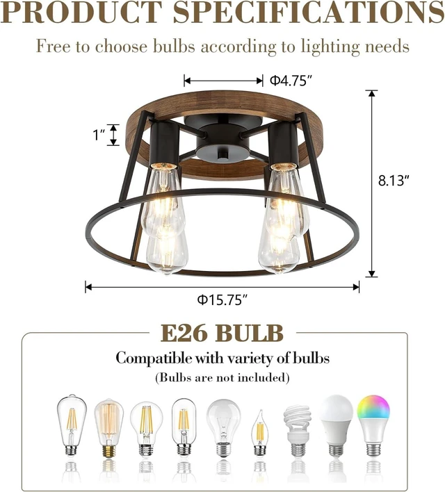 Alt view image 2 of 7 - Farmhouse Wood Semi Flush Mount Ceiling Light Fixture, 4-Light Black Rustic Ceiling Lamp Round Hallway Light Fixture for Entryway Bedroom Kitchen