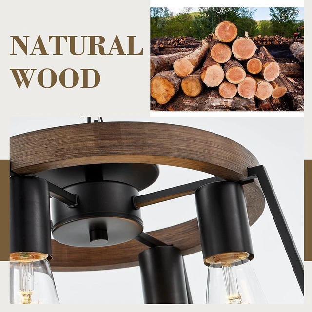 Alt view image 4 of 7 - Farmhouse Wood Semi Flush Mount Ceiling Light Fixture, 4-Light Black Rustic Ceiling Lamp Round Hallway Light Fixture for Entryway Bedroom Kitchen