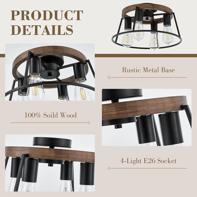 Alt view image 6 of 7 - Farmhouse Wood Semi Flush Mount Ceiling Light Fixture, 4-Light Black Rustic Ceiling Lamp Round Hallway Light Fixture for Entryway Bedroom Kitchen
