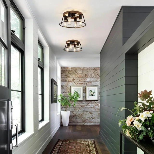 Alt view image 7 of 7 - Farmhouse Wood Semi Flush Mount Ceiling Light Fixture, 4-Light Black Rustic Ceiling Lamp Round Hallway Light Fixture for Entryway Bedroom Kitchen