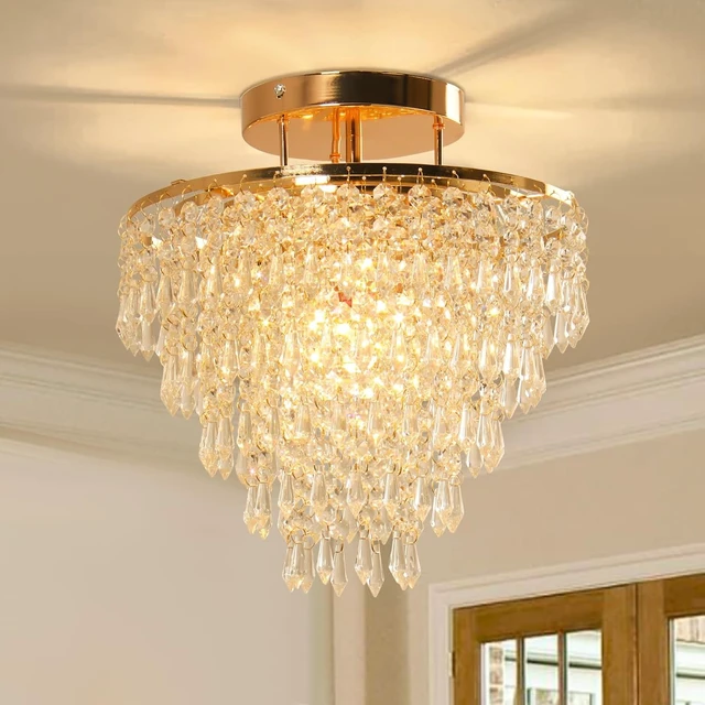 Main image of FRIXCHUR 11.8 in Gold Crystal Chandelier, Flush Mount E26 Ceiling Light