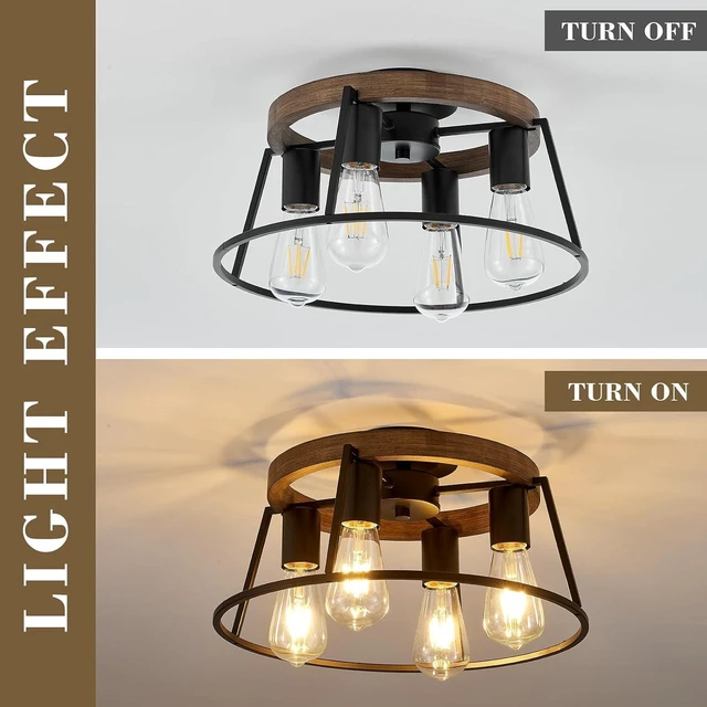 Alt view image 5 of 7 - Farmhouse Wood Semi Flush Mount Ceiling Light Fixture, 4-Light Black Rustic Ceiling Lamp Round Hallway Light Fixture for Entryway Bedroom Kitchen