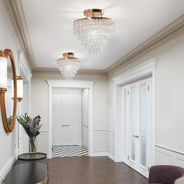 Alt view image 3 of 7 - FRIXCHUR 11.8 in Gold Crystal Chandelier, Flush Mount E26 Ceiling Light