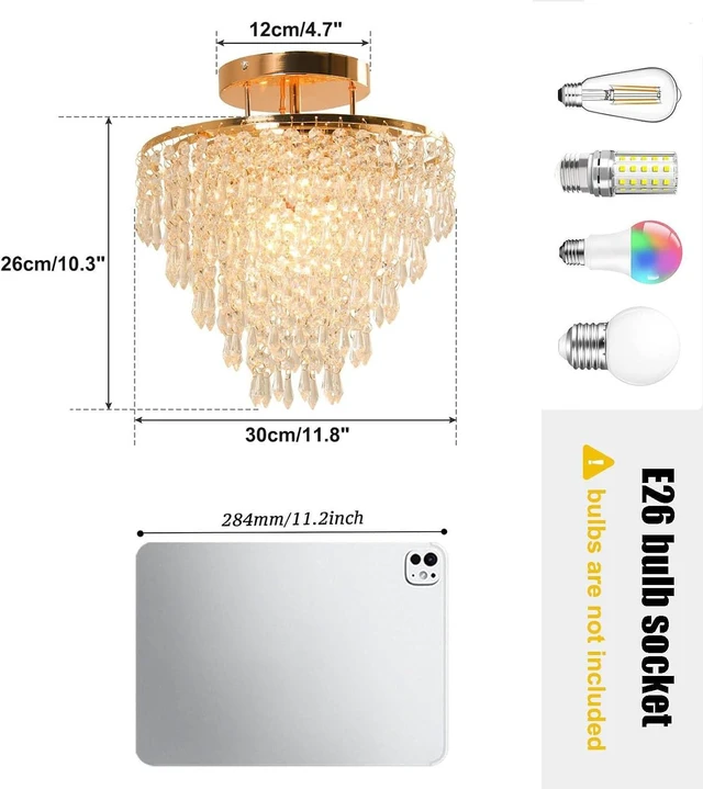 Alt view image 4 of 7 - FRIXCHUR 11.8 in Gold Crystal Chandelier, Flush Mount E26 Ceiling Light