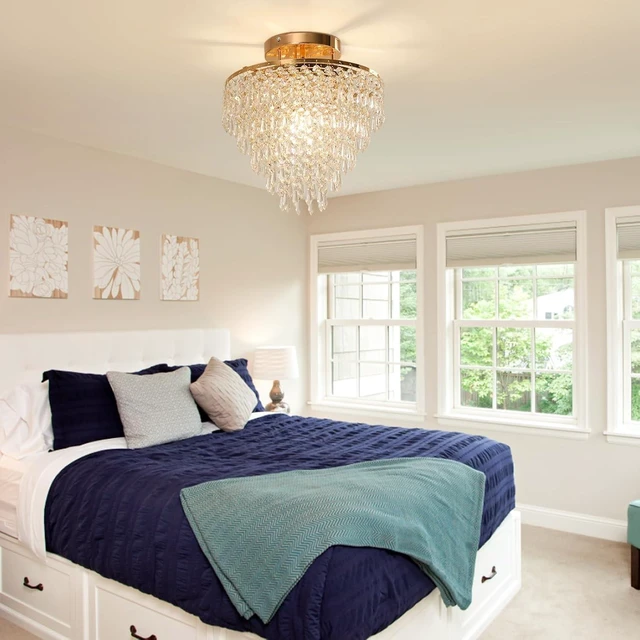 Alt view image 6 of 7 - FRIXCHUR 11.8 in Gold Crystal Chandelier, Flush Mount E26 Ceiling Light