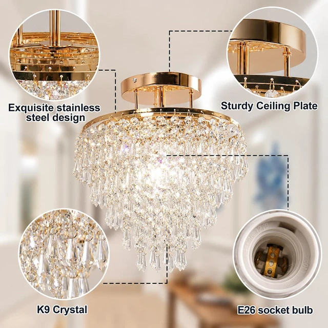 Alt view image 7 of 7 - FRIXCHUR 11.8 in Gold Crystal Chandelier, Flush Mount E26 Ceiling Light