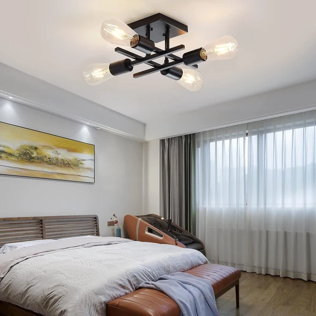 Alt view image 2 of 7 - Industrial 4-Light Semi Flush Mount Ceiling Light Fixture, Farmhouse Black Chandelier Lighting, Modern E26 Base Sputnik Ceiling Lamp for Kitchen Bedroom Living Room Hallway Entryway