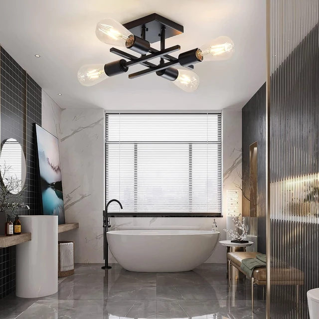 Alt view image 3 of 7 - Industrial 4-Light Semi Flush Mount Ceiling Light Fixture, Farmhouse Black Chandelier Lighting, Modern E26 Base Sputnik Ceiling Lamp for Kitchen Bedroom Living Room Hallway Entryway